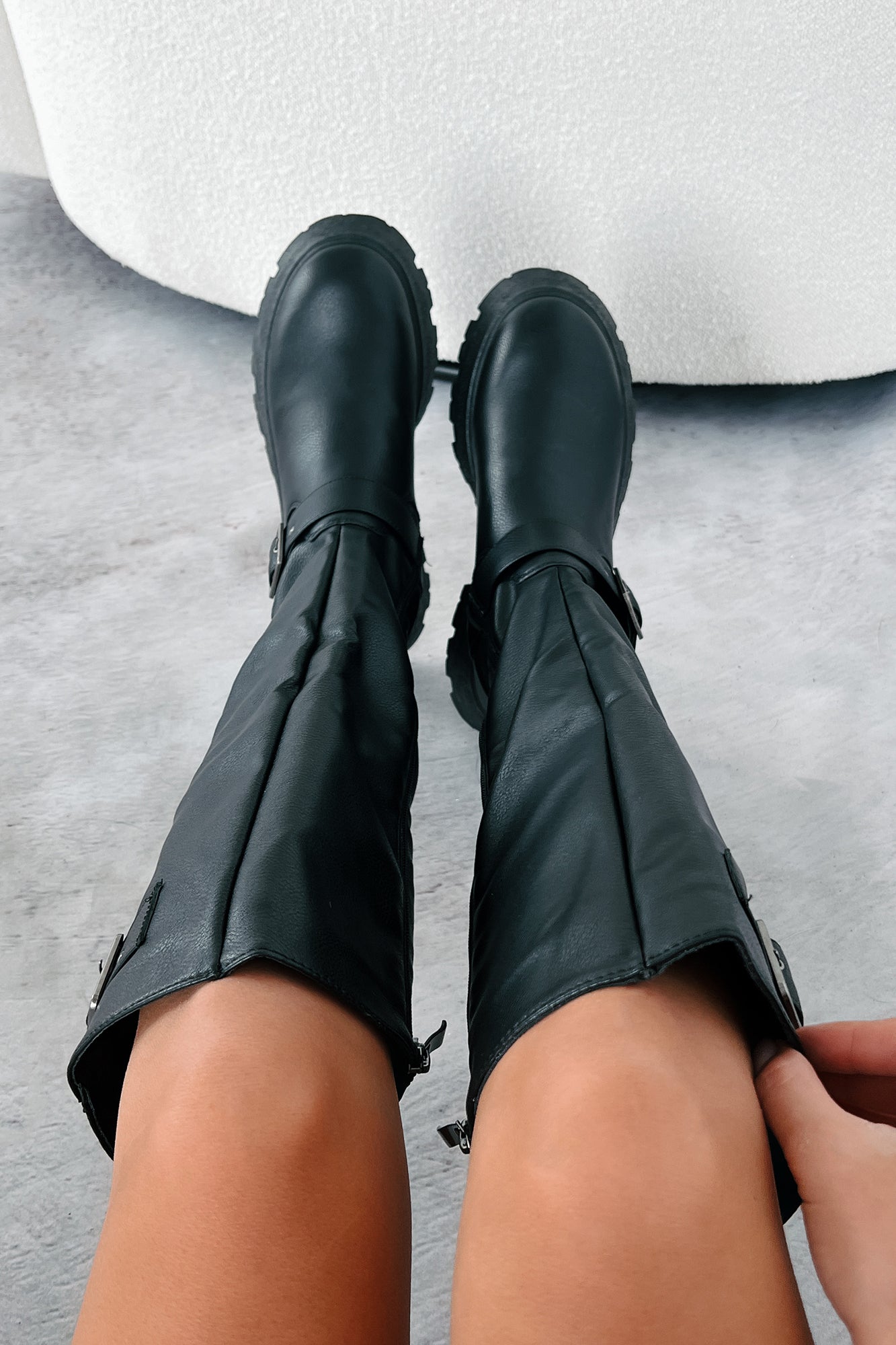 Loud Revelations Buckle Strap Knee High Boots (Black PU) · NanaMacs