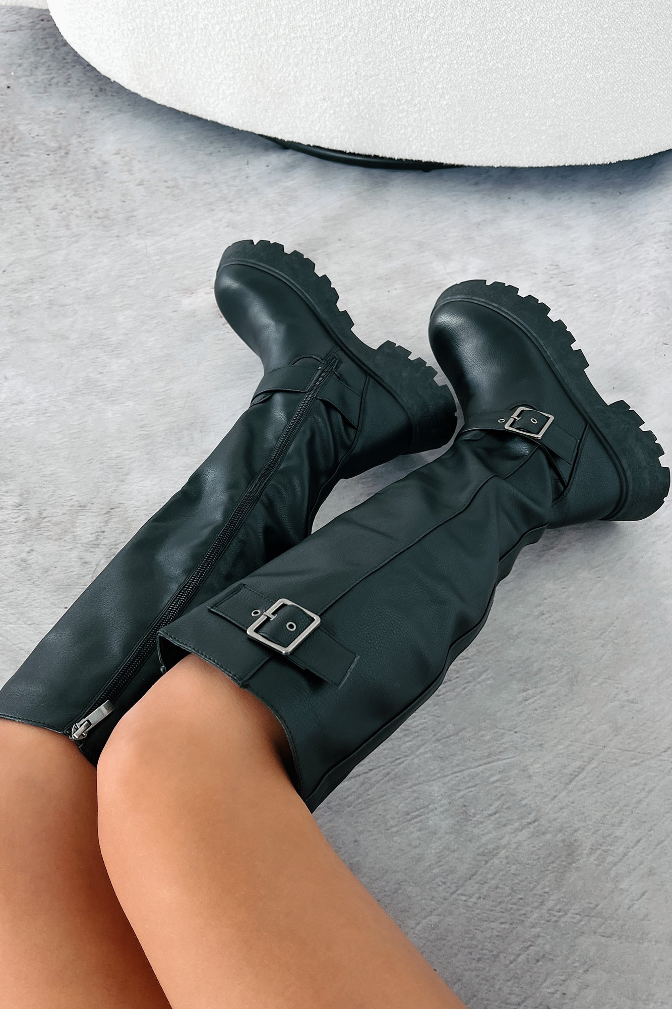 Loud Revelations Buckle Strap Knee High Boots (Black PU) · NanaMacs