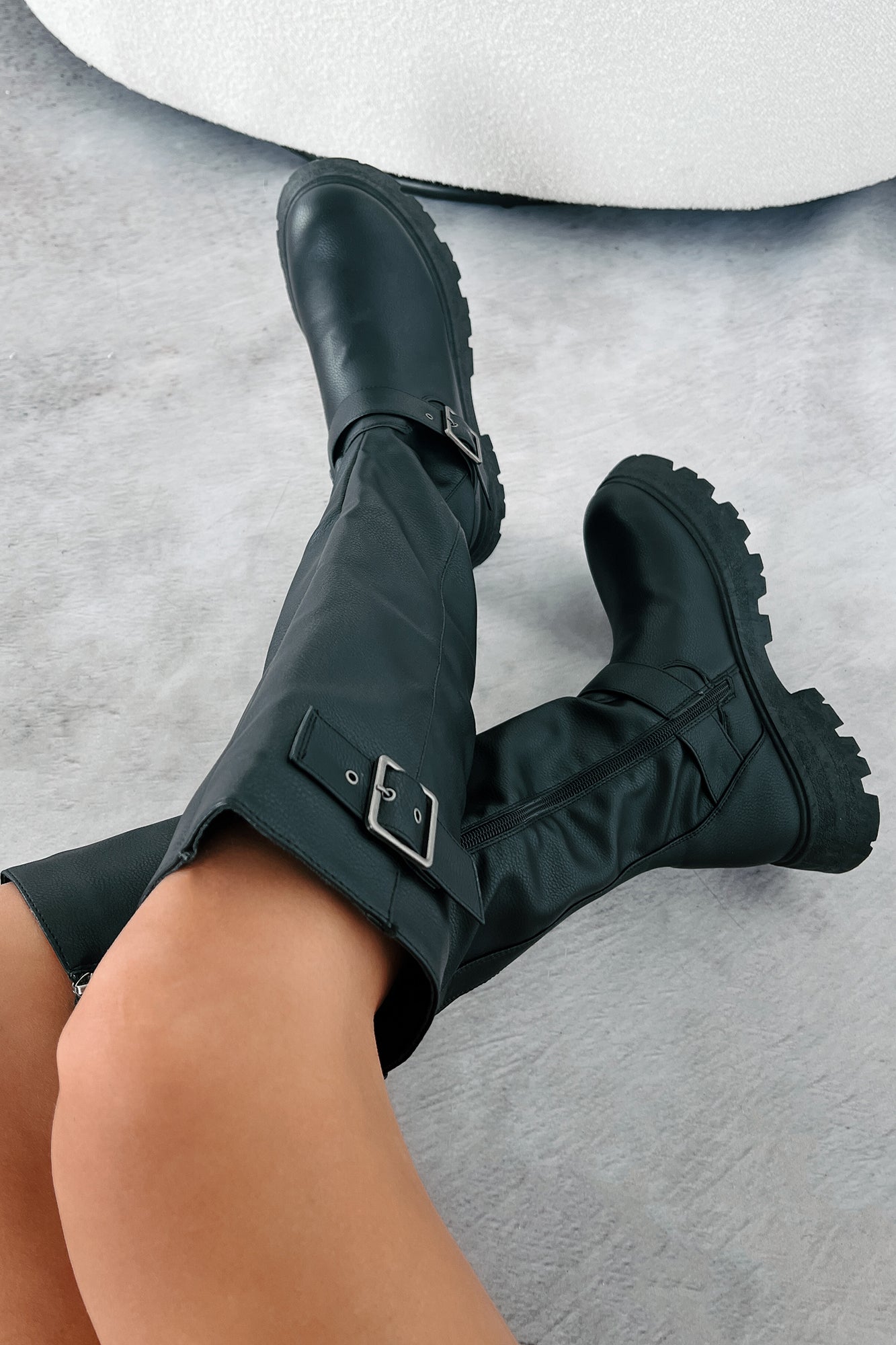 Loud Revelations Buckle Strap Knee High Boots (Black PU) · NanaMacs