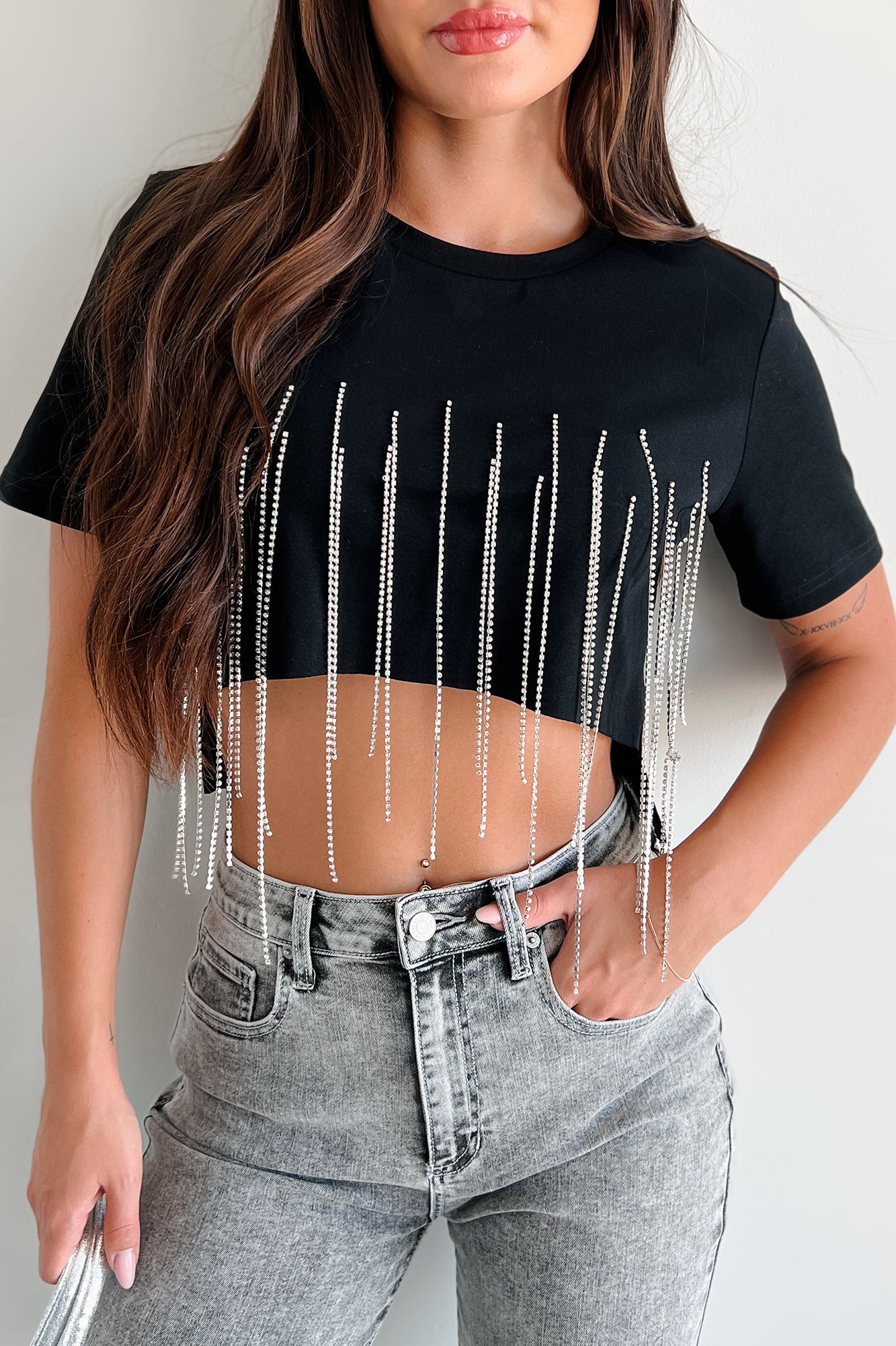 Ships By 9/20 Brittany Rhinestone Fringe Padded Shoulder Top (Black) - NanaMacs