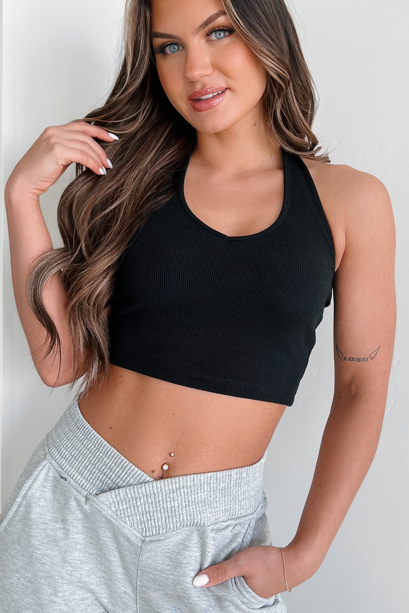 Alive & Well Ribbed Halter Crop Top (Black) - NanaMacs