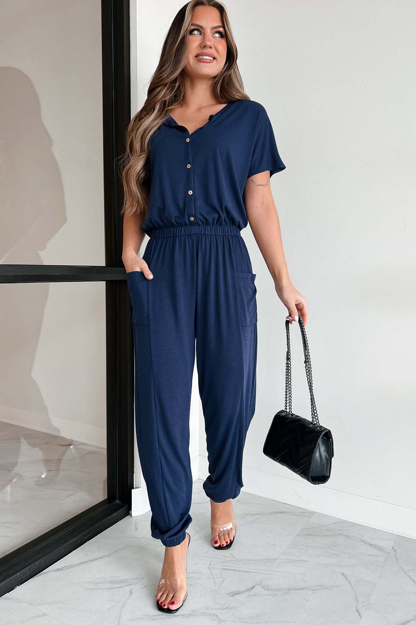 Taking The Easy Route Short Sleeve Button Detail Jumpsuit (Dark Navy) - NanaMacs
