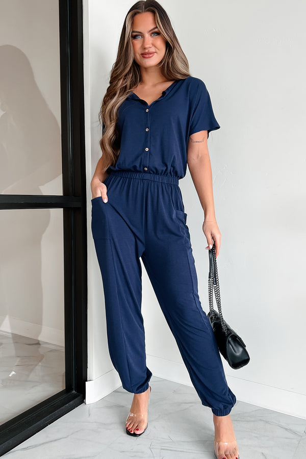 Taking The Easy Route Short Sleeve Button Detail Jumpsuit (Dark Navy) - NanaMacs