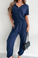 Taking The Easy Route Short Sleeve Button Detail Jumpsuit (Dark Navy) - NanaMacs