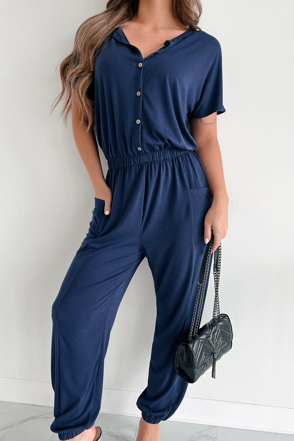 Taking The Easy Route Short Sleeve Button Detail Jumpsuit (Dark Navy) - NanaMacs