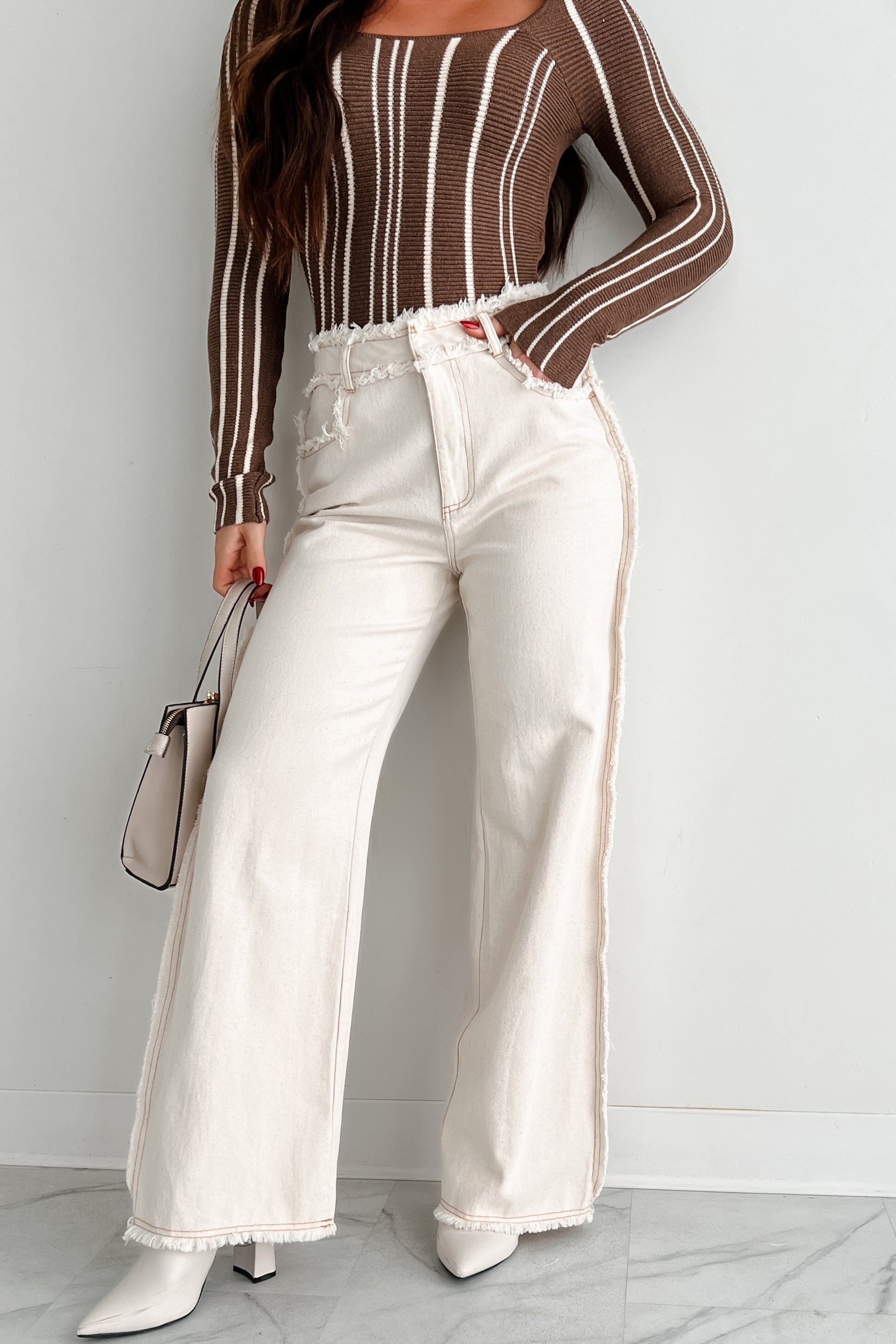 Roswell Frayed Seam Wide Leg Jeans (Off White Denim) - NanaMacs