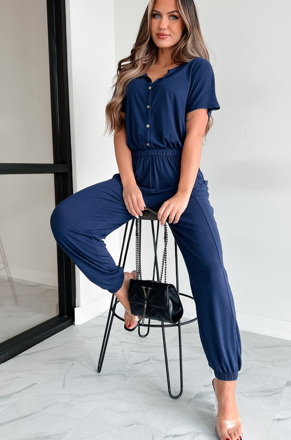 Taking The Easy Route Short Sleeve Button Detail Jumpsuit (Dark Navy) - NanaMacs