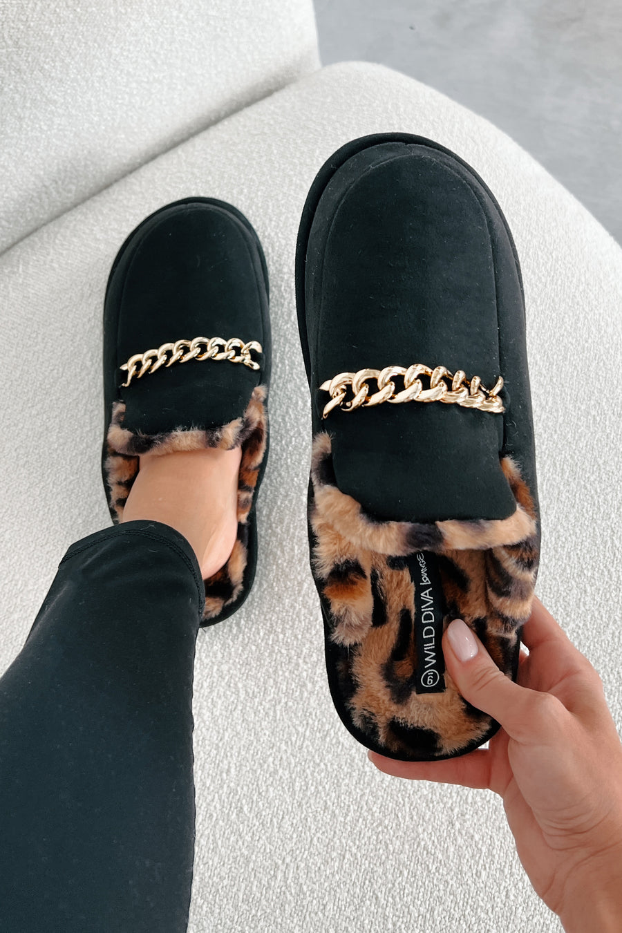 Couture Dreams Leopard Lined Chain Mules (Black)