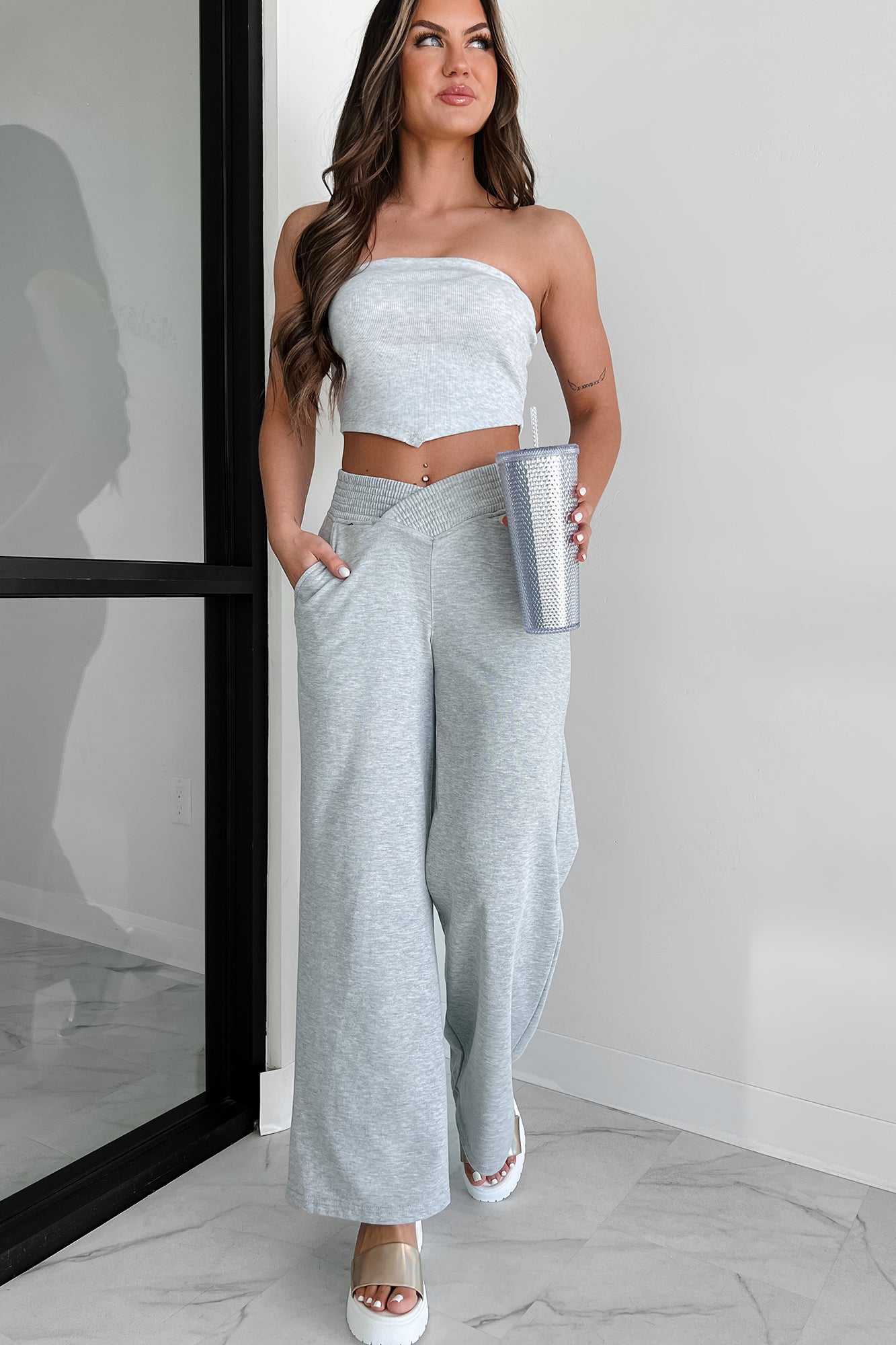 Born This Way Cross-Waist Wide Leg Lounge Pants (Heather Grey) - NanaMacs