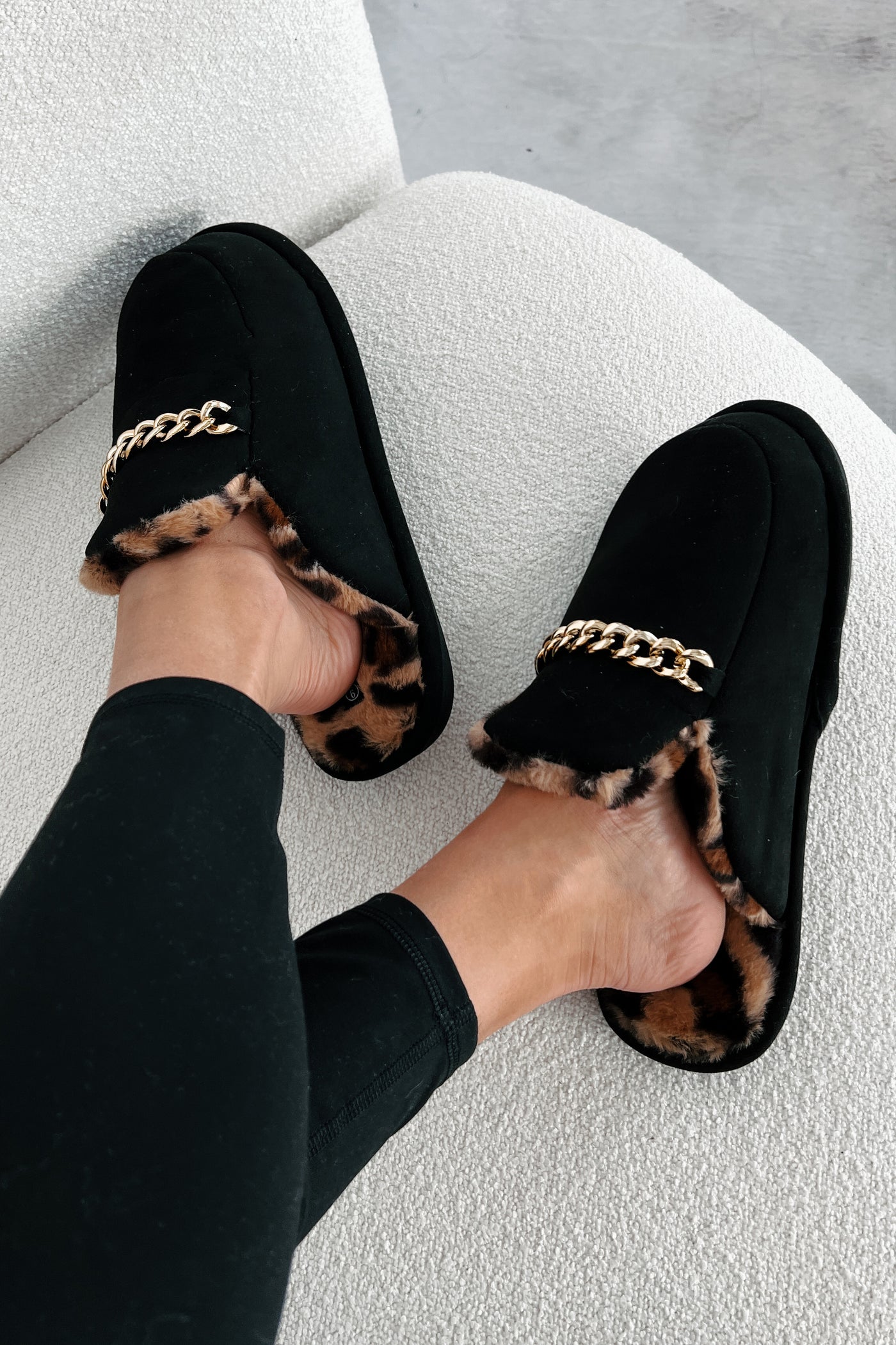 Couture Dreams Leopard Lined Chain Mules (Black) - NanaMacs