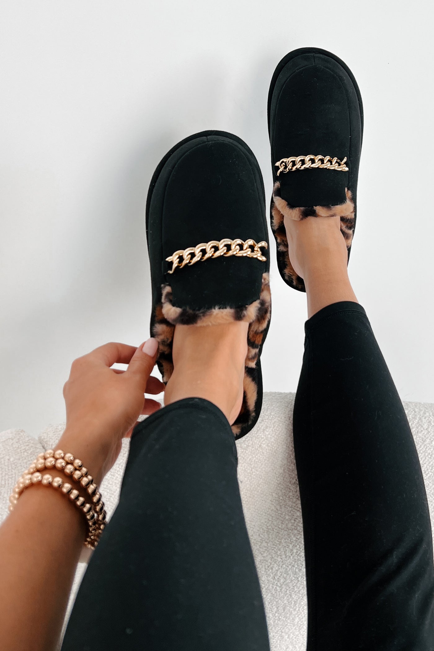 Couture Dreams Leopard Lined Chain Mules (Black) - NanaMacs