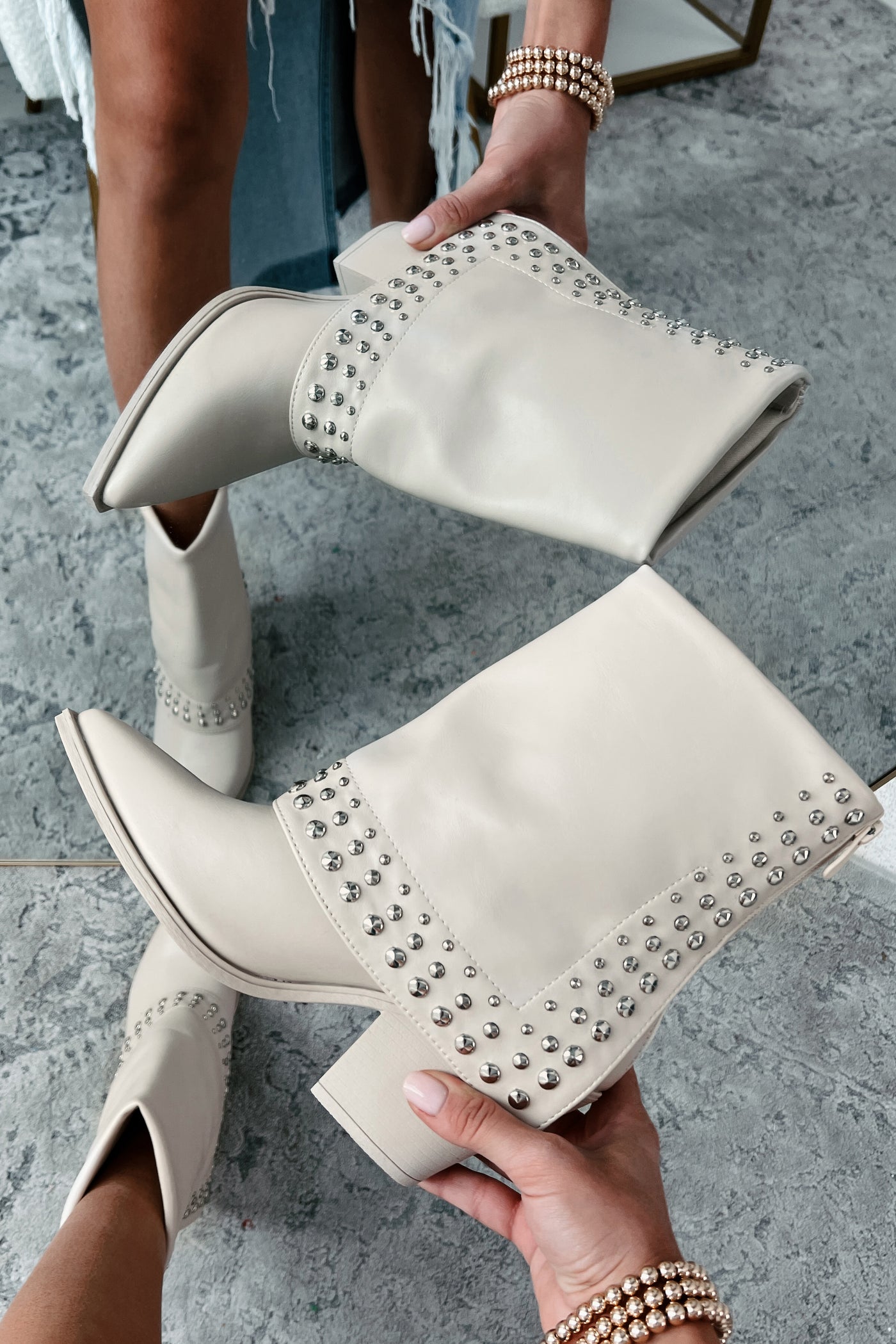 Dopamine Rush Studded Fold-Over Booties (Beige)