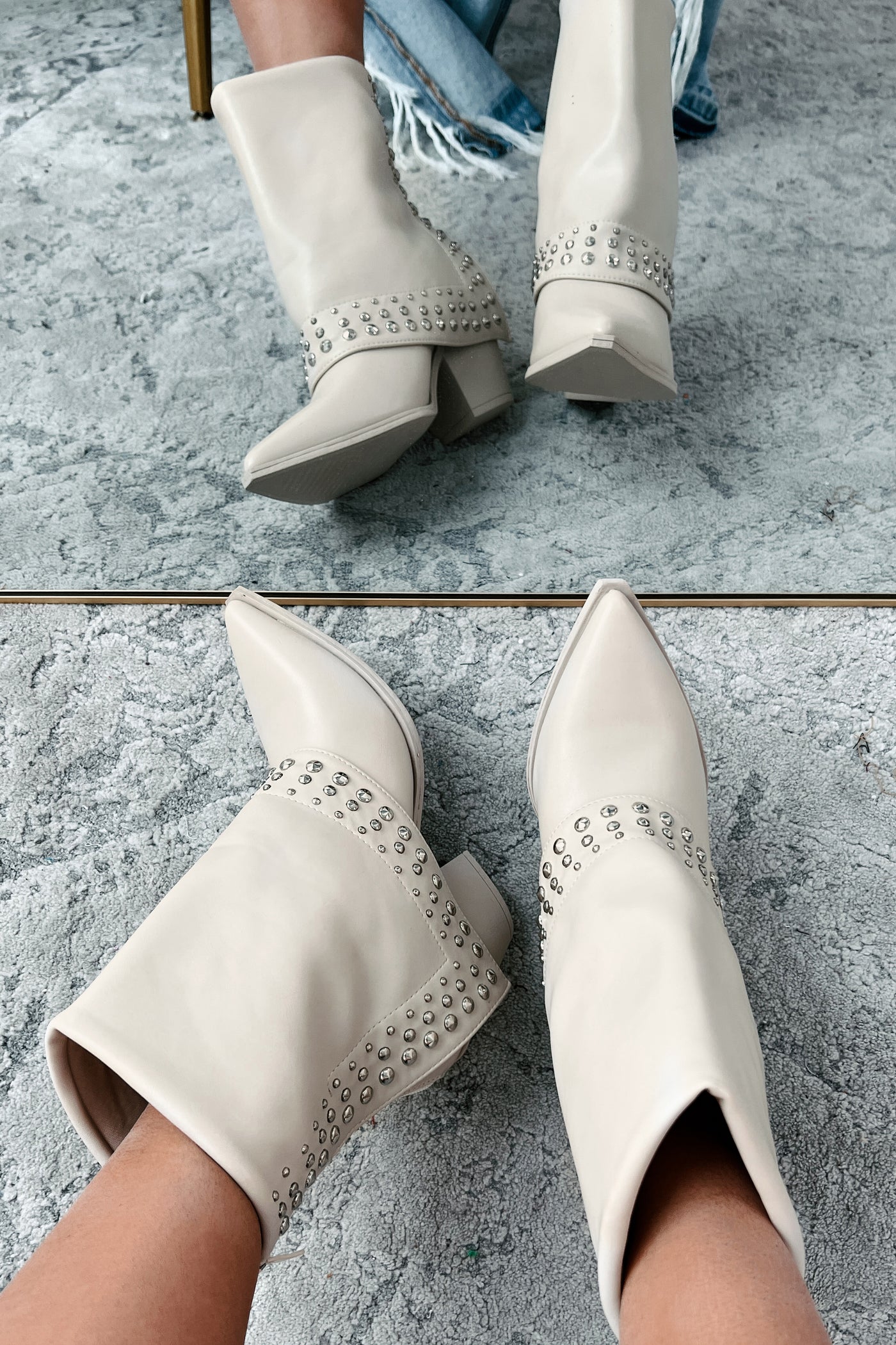 Dopamine Rush Studded Fold-Over Booties (Beige)