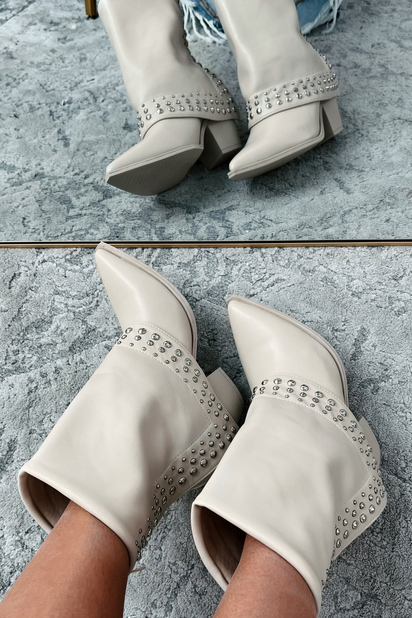 Dopamine Rush Studded Fold-Over Booties (Beige)