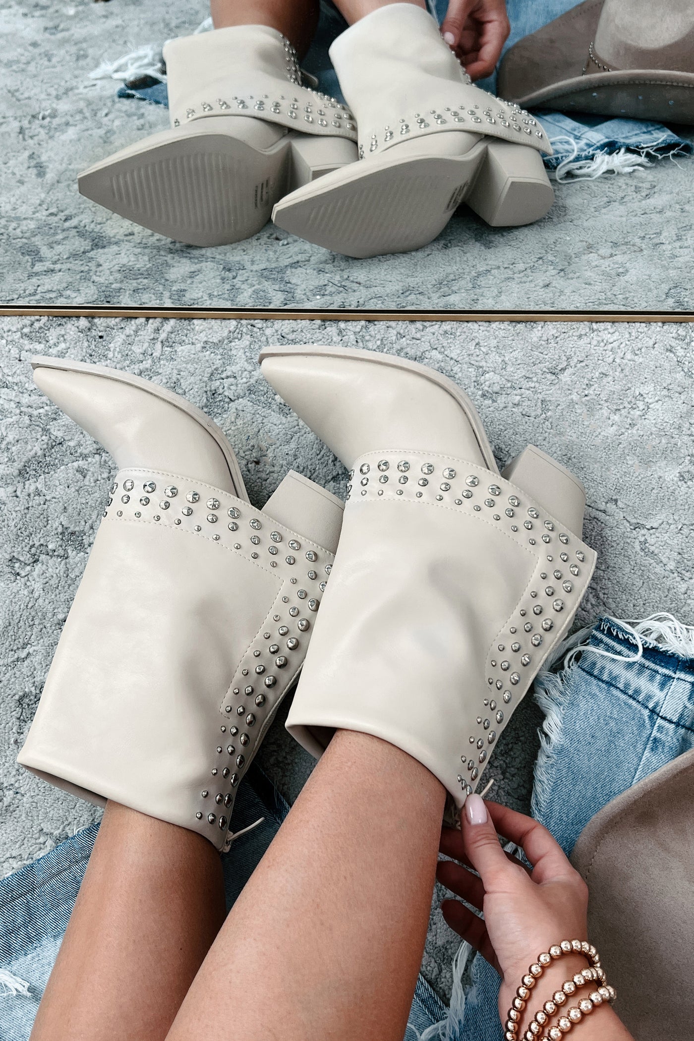 Dopamine Rush Studded Fold-Over Booties (Beige) - NanaMacs