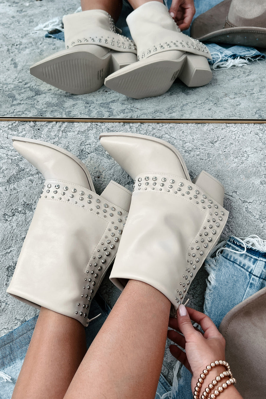 Dopamine Rush Studded Fold-Over Booties (Beige)