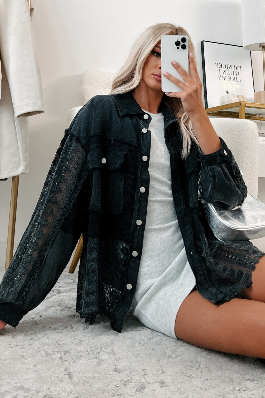 Unique & Interesting POL Lace Crochet Button-Down Shirt (Black)