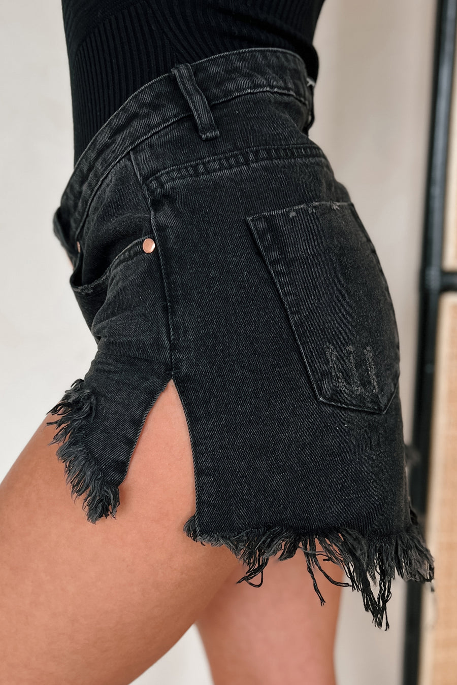 Blaise Mid Rise Destroyed Denim Shorts (Washed Black) - NanaMacs