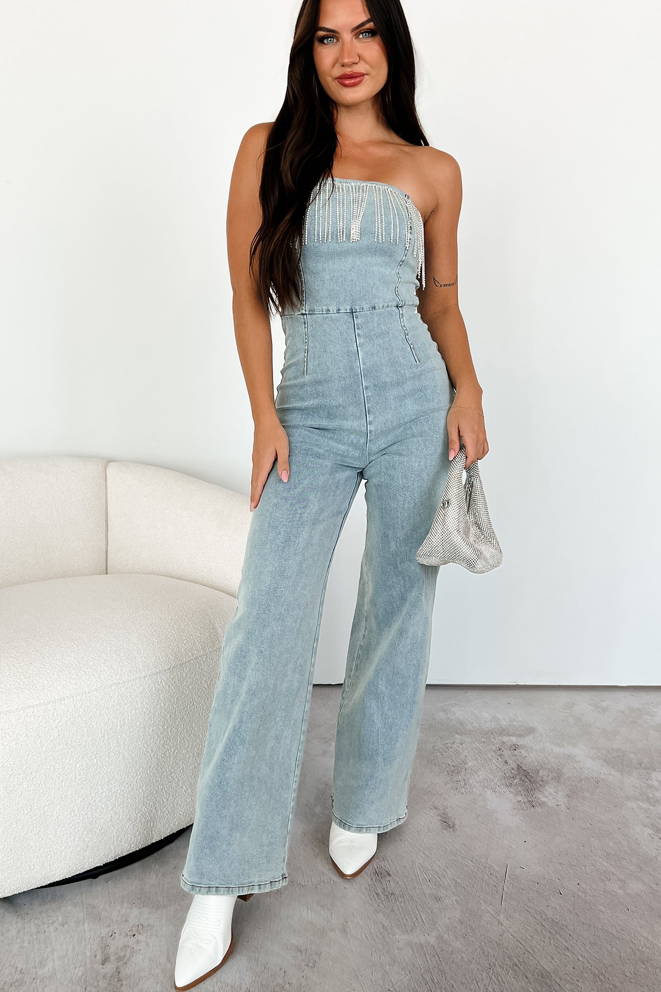 Can't Be Unseen Rhinestone Fringe Denim Jumpsuit (Light Wash) - NanaMacs