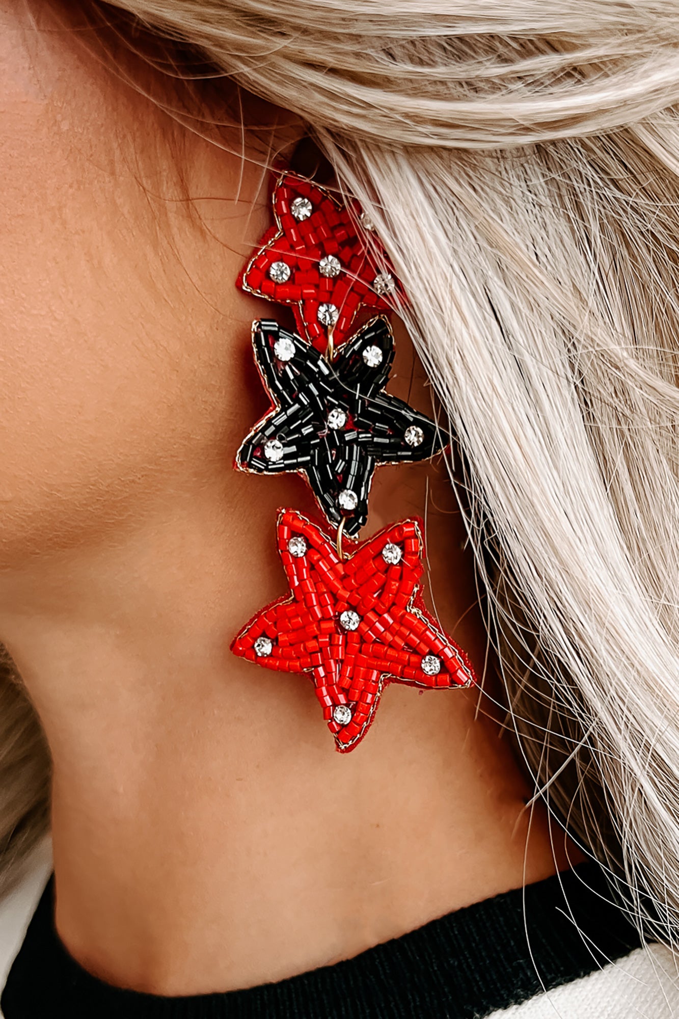 Shine Brighter Beaded Star Dangle Earrings (Red/Black Star)