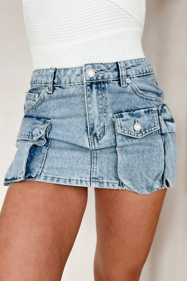 No Pep Talk Needed Denim Cargo Mini Skirt (Light Denim) - NanaMacs