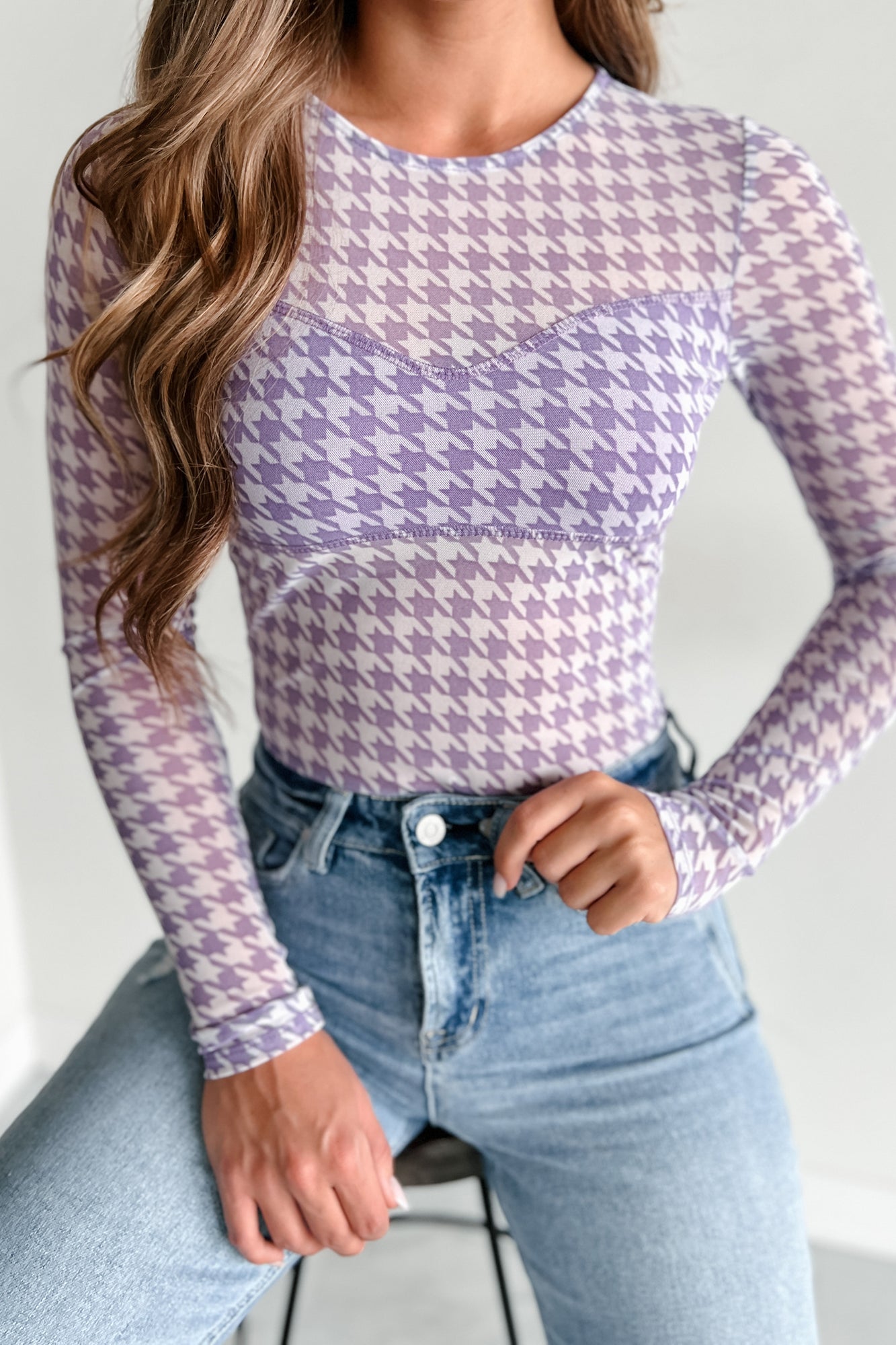 Lucinda Mesh Houndstooth Print Bodysuit (White/Purple) - NanaMacs
