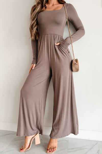 Cutting Corners Square Neck Wide Leg Jumpsuit (Mocha) - NanaMacs