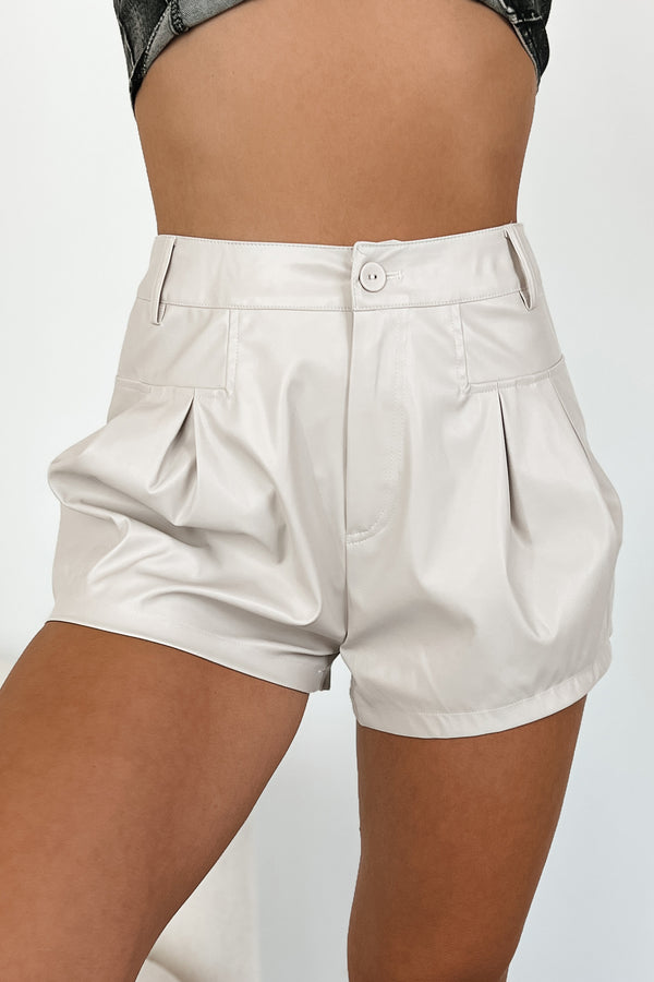 Milan Mood Pleated Faux Leather Shorts (Ecru) - NanaMacs