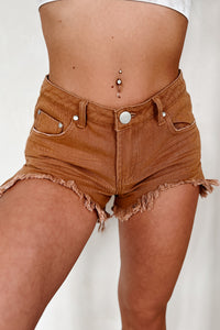 Blaise Mid Rise Destroyed Denim Shorts (Brown) - NanaMacs