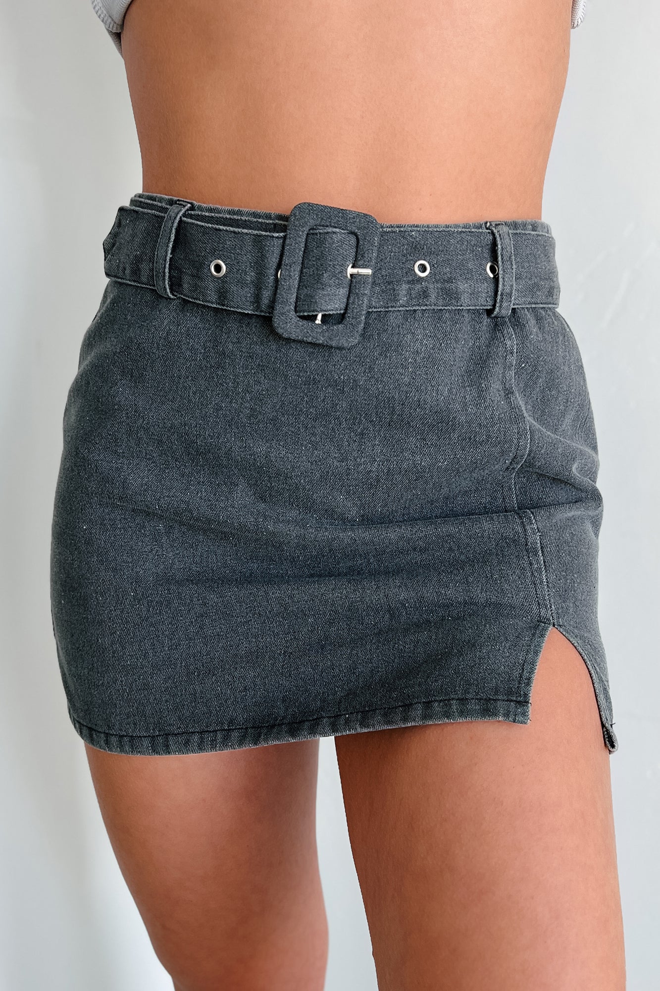Growing Distant Belted Denim Mini Skirt (Washed Black) - NanaMacs