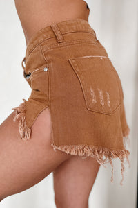 Blaise Mid Rise Destroyed Denim Shorts (Brown) - NanaMacs