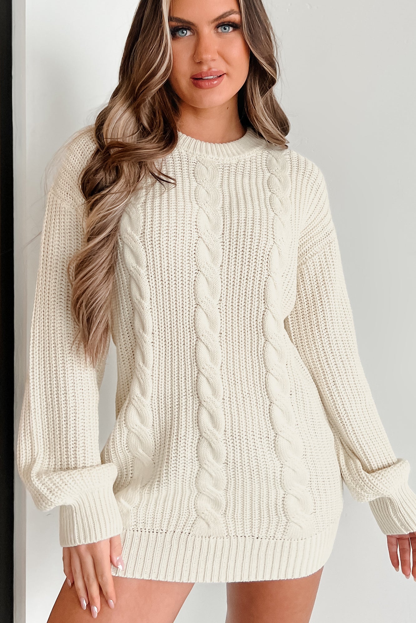 Memory Mile Cable Knit Sweater Dress (Cream)