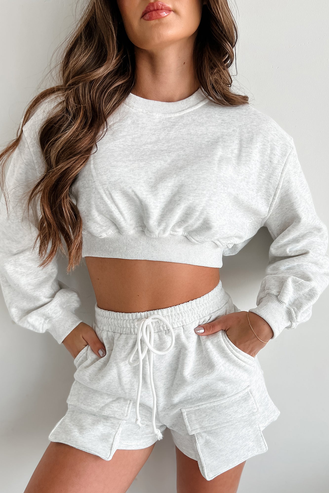 Can't Convince Me Crop Sweatshirt & Shorts Set (White Melange) - NanaMacs