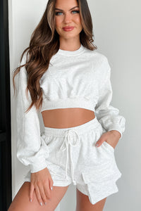 Can't Convince Me Crop Sweatshirt & Shorts Set (White Melange) - NanaMacs