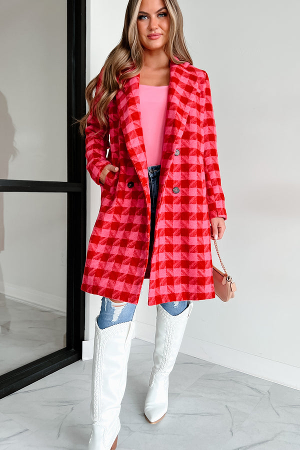 Sensibly Chic Houndstooth Plaid Coat (Pink/Red) - NanaMacs