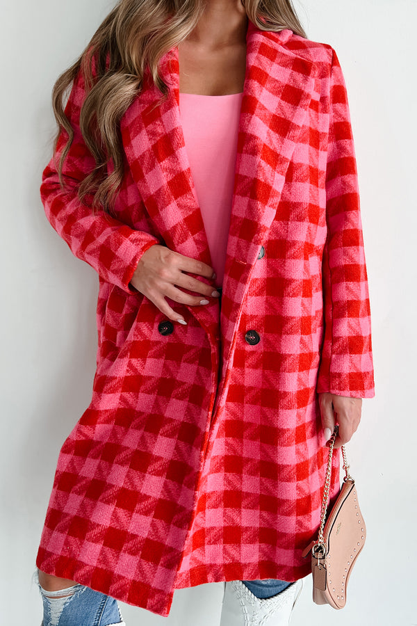 Sensibly Chic Houndstooth Plaid Coat (Pink/Red) - NanaMacs