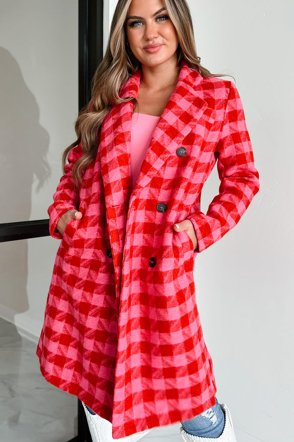 Sensibly Chic Houndstooth Plaid Coat (Pink/Red) - NanaMacs