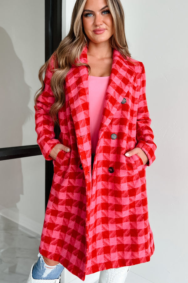 Sensibly Chic Houndstooth Plaid Coat (Pink/Red) - NanaMacs