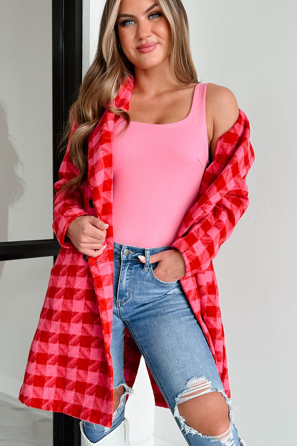 Sensibly Chic Houndstooth Plaid Coat (Pink/Red) - NanaMacs