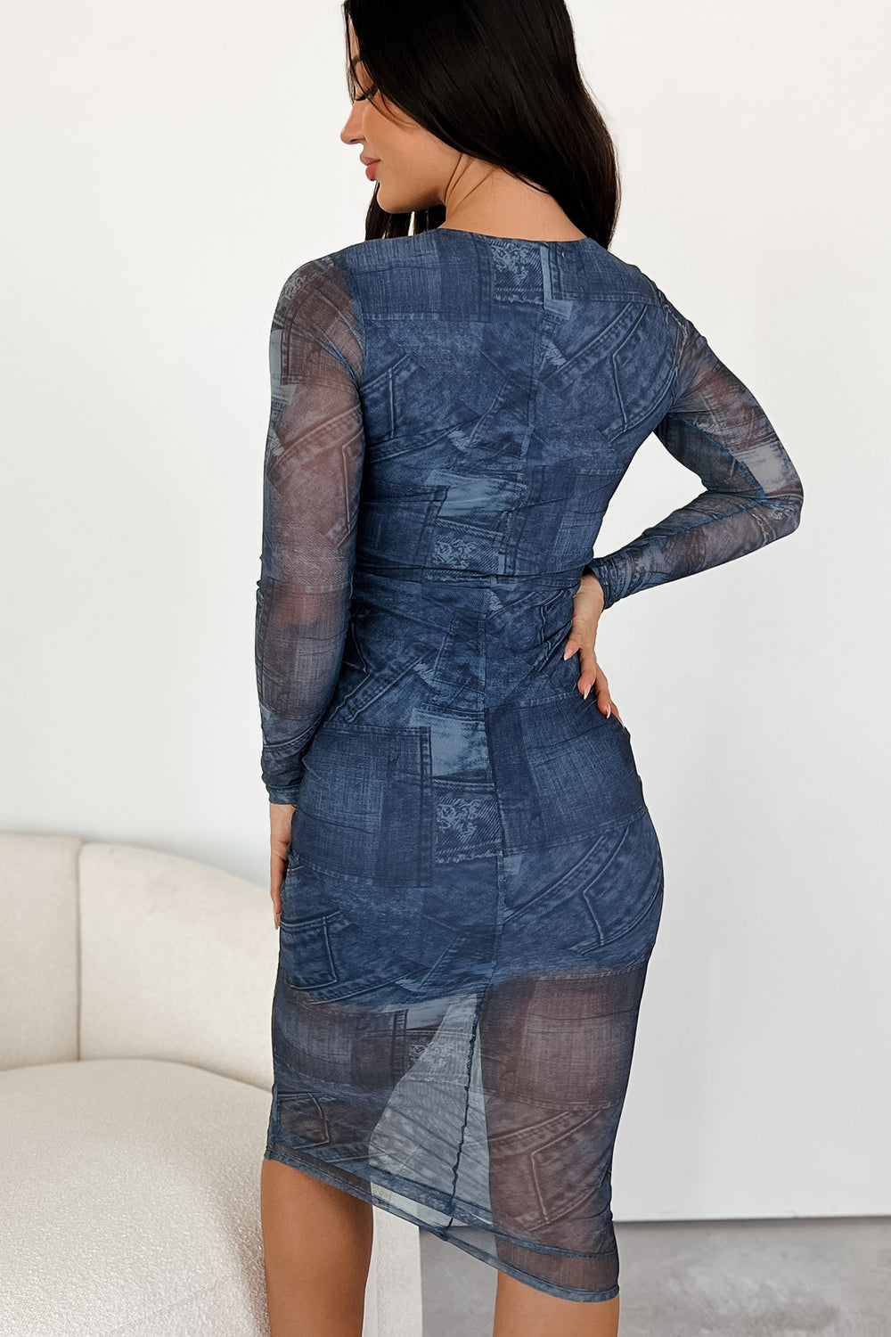 Denim Print Mesh Dress-Blue