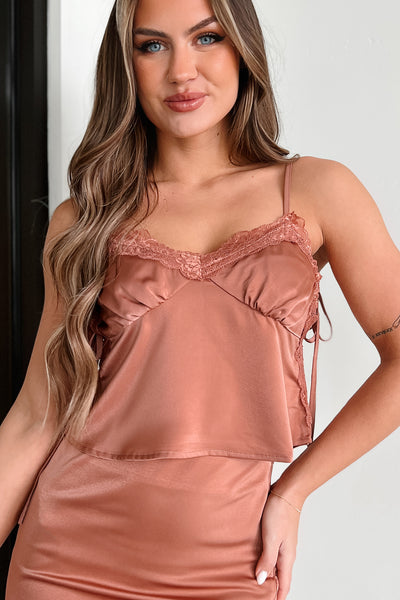 Romantic Thoughts Lace Trim Satin Cami Top (Rosey Brown) - NanaMacs