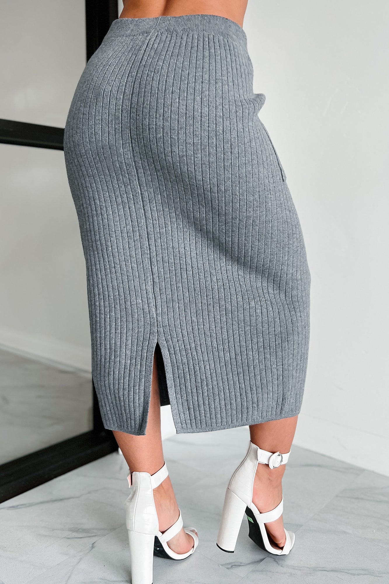 Grey ribbed clearance knit midi skirt