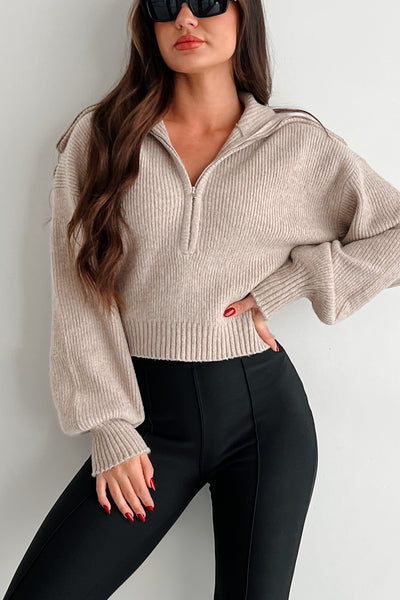 Playing Your Games Half-Zip Collared Sweater (Taupe) - NanaMacs