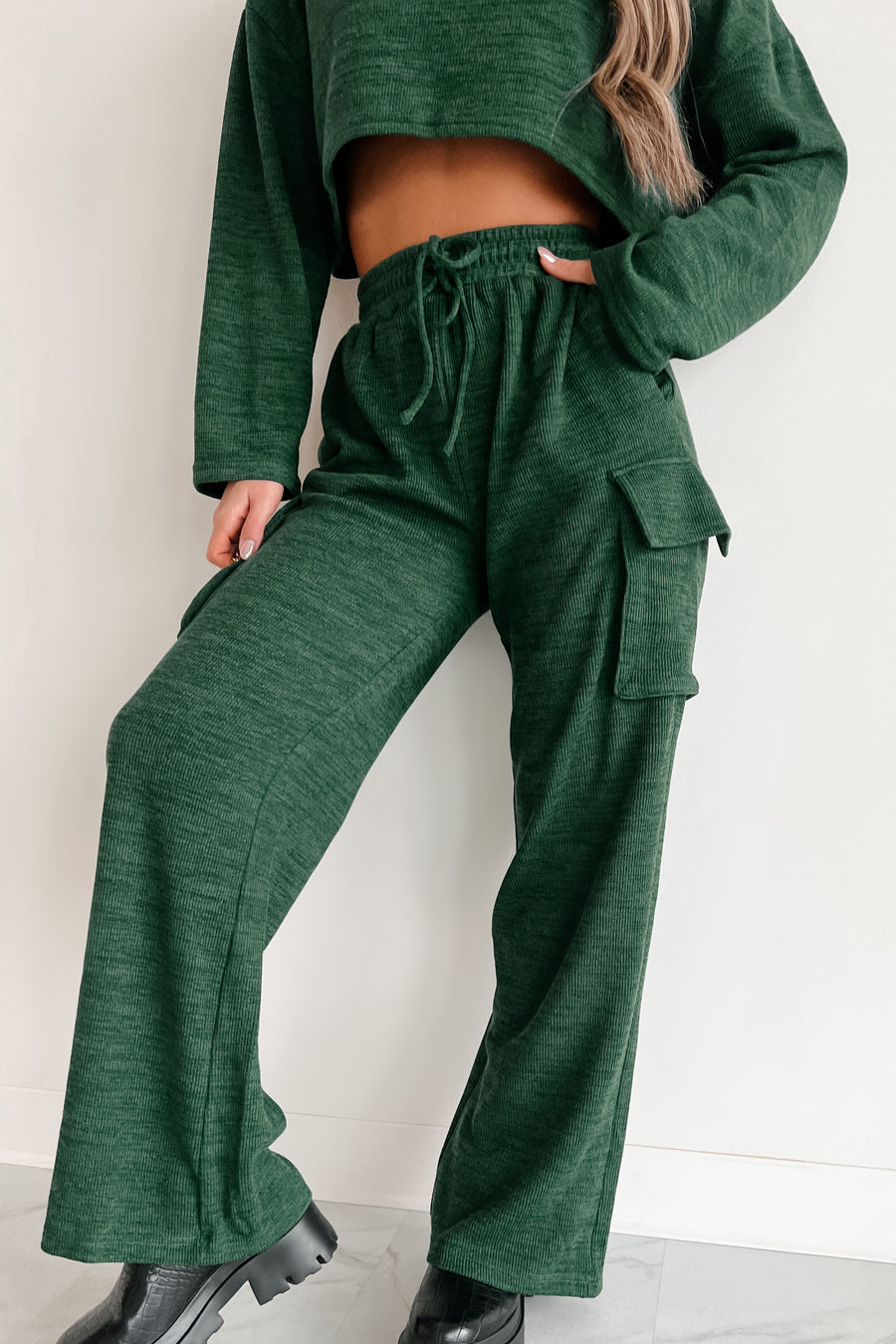 Big On Comfort Wide Leg Knit Cargo Pants (Green) - NanaMacs