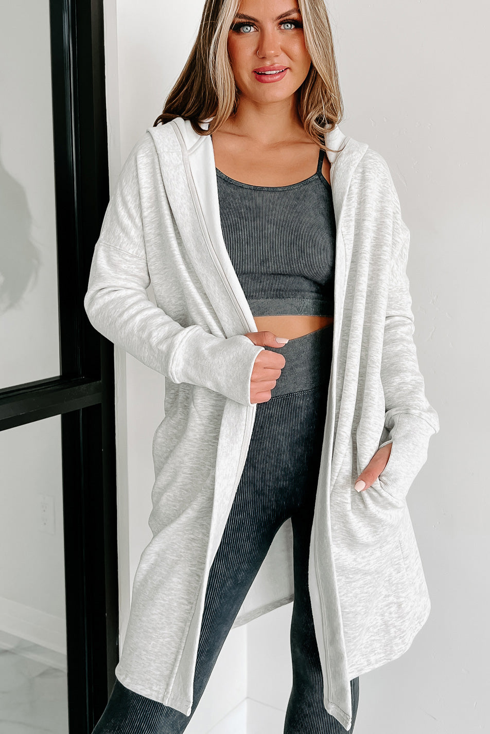 Longline open front store hooded cardigan