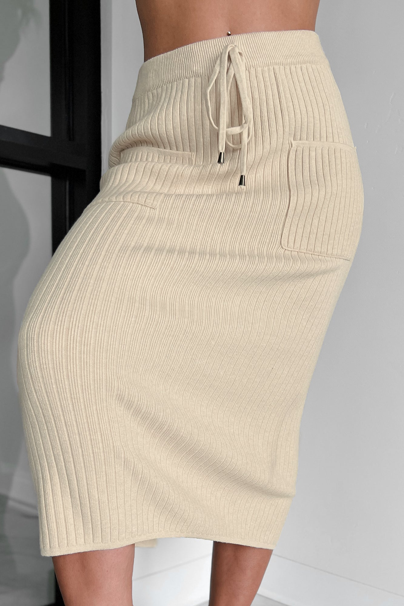 Hitting The Books Sweater Knit Ribbed Midi Skirt (Beige)