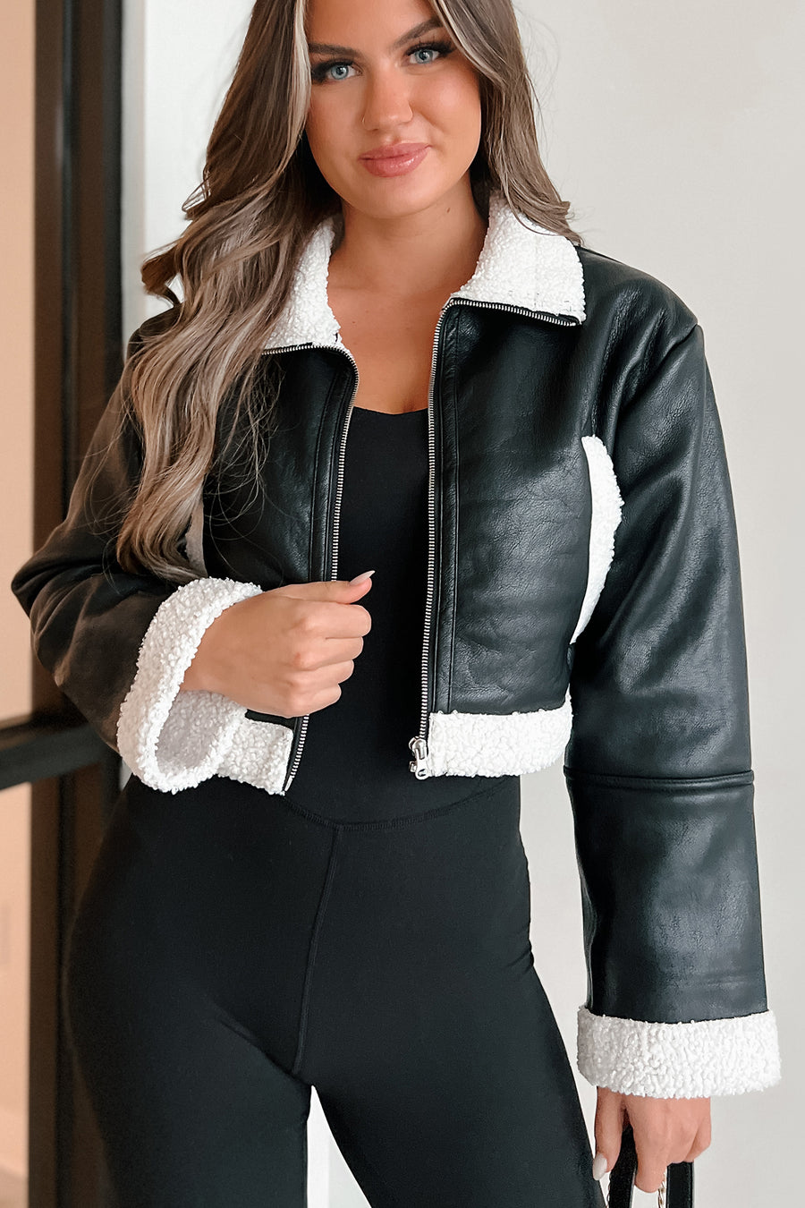 Always Charming Cropped Faux Leather Shearling Jacket (Black) - NanaMacs