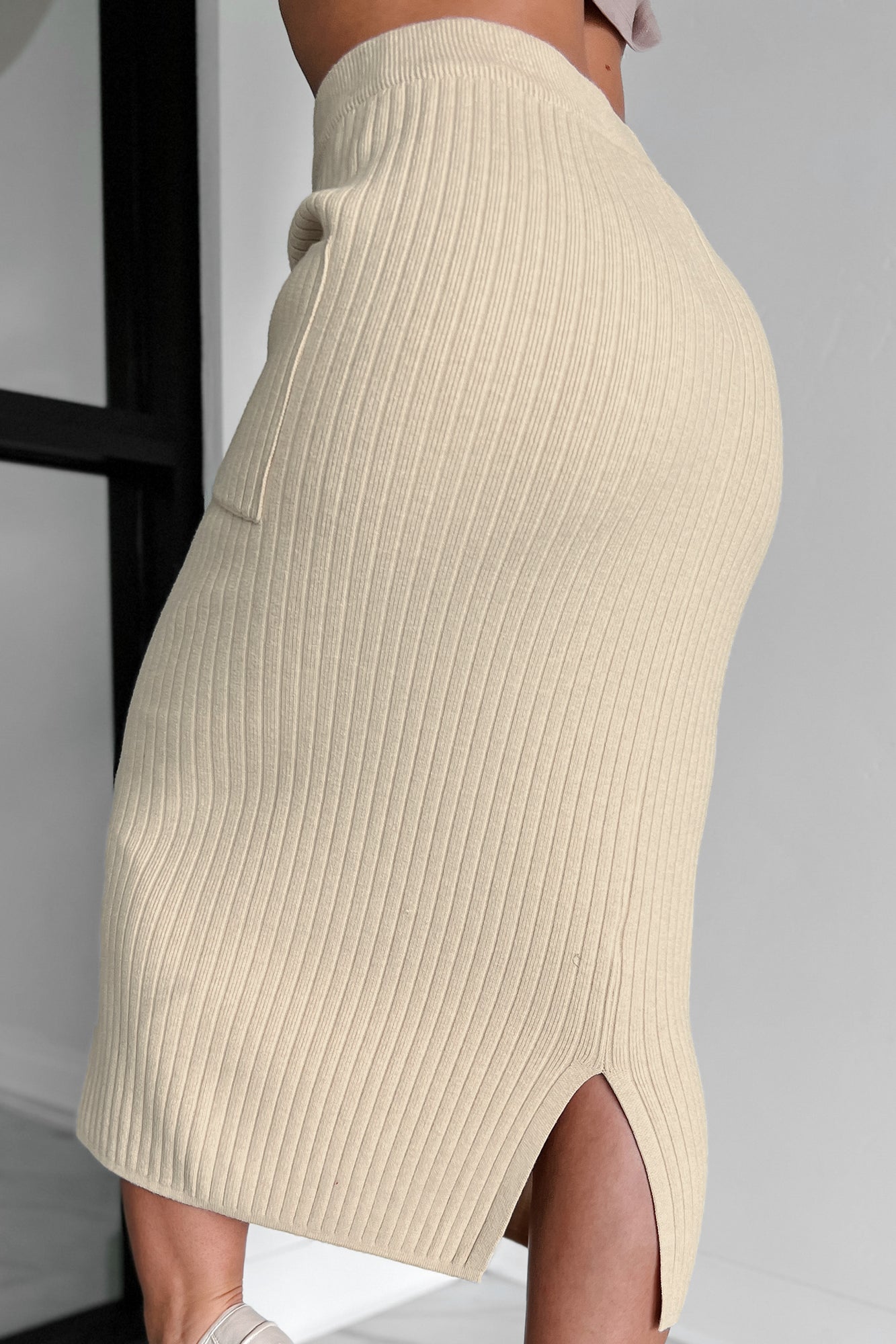 Hitting The Books Sweater Knit Ribbed Midi Skirt (Beige)