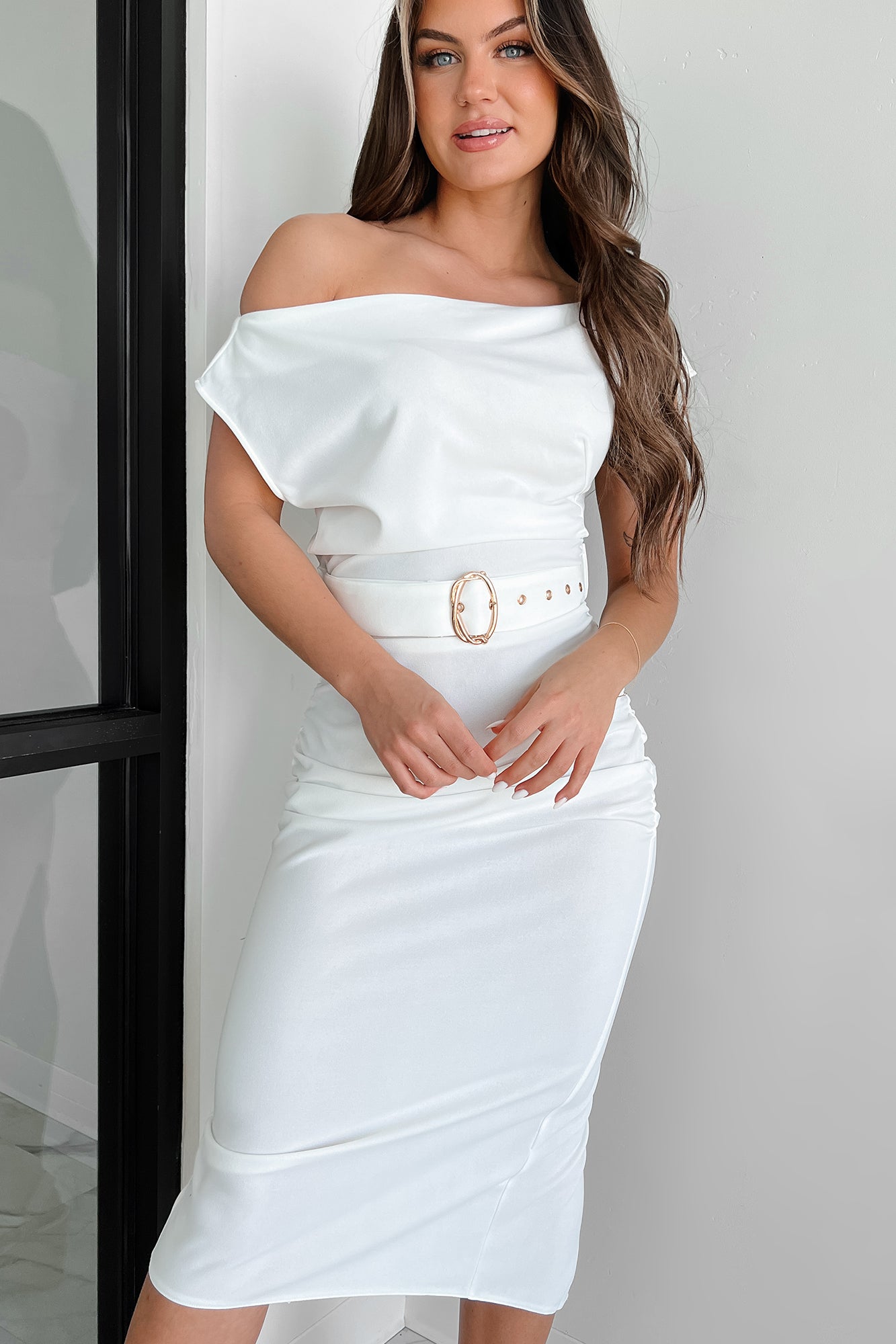 Rising To The Occasion One Shoulder Belted Midi Dress (Off White) - NanaMacs