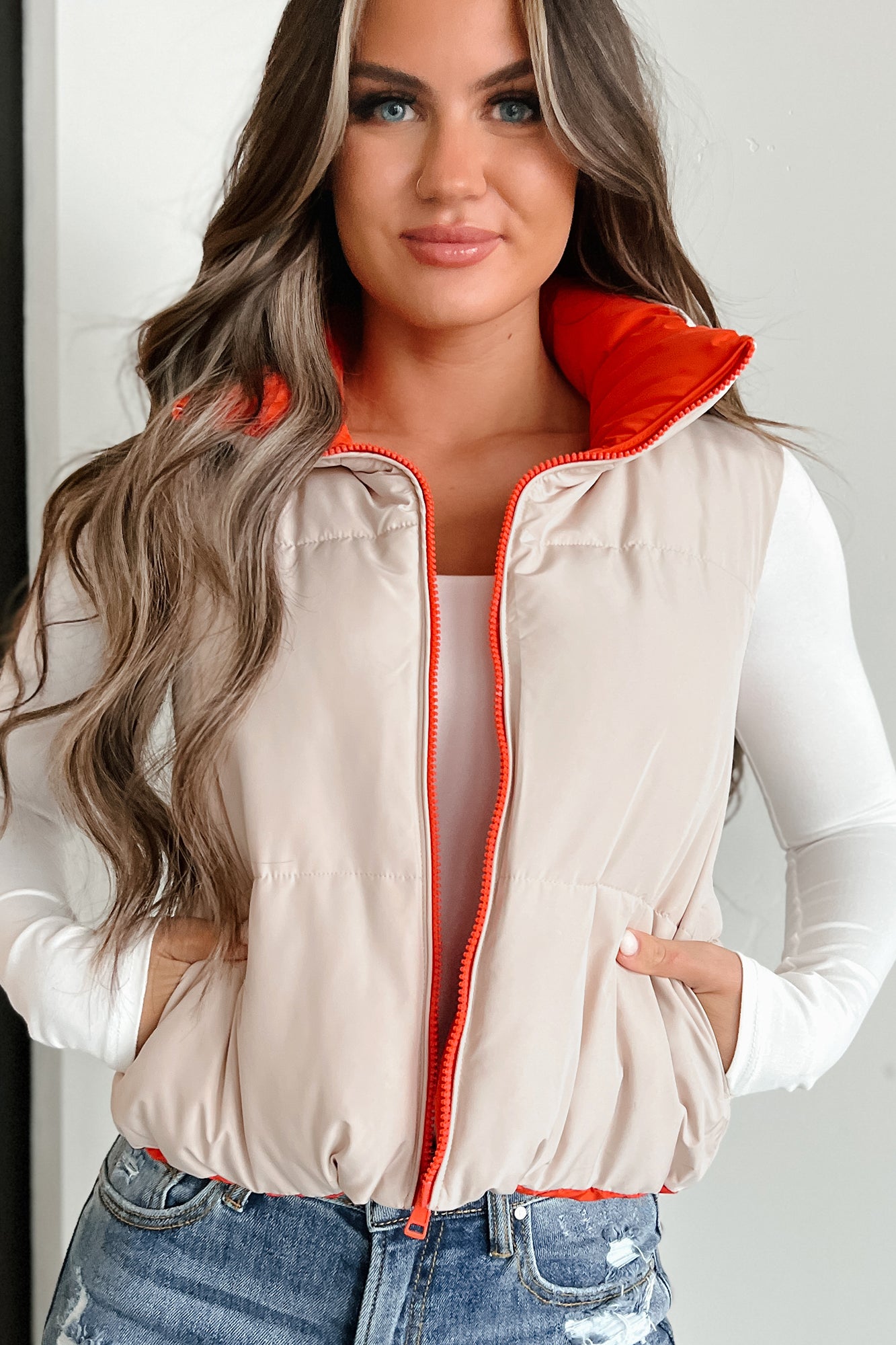 On The Reverse Side Reversible Puffer Vest (Tomato/Beige) · NanaMacs